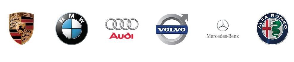 Logotipos de las marcas de automóviles Porsche, BMW, Audi, Volvo, Mercedes-Benz y Alfa Romeo dispuestos en una fila horizontal.