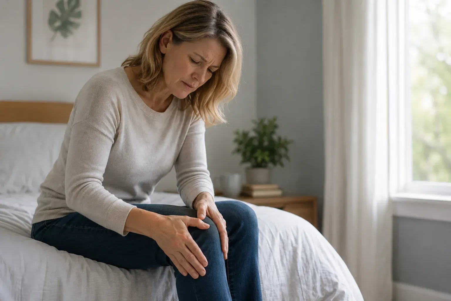 A woman experiencing knee pain, illustrating a symptom of Musculoskeletal Syndrome during menopause.