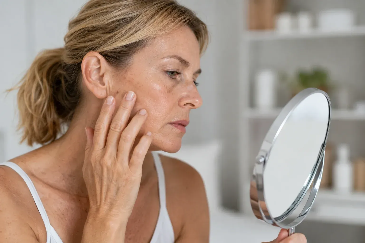 Woman inspecting her skin in the mirror, showing what causes thinning skin.