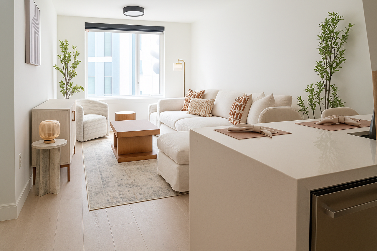 A bright, modern living room featuring a cream-colored sofa, wooden coffee table, armchair, and decorative plants.