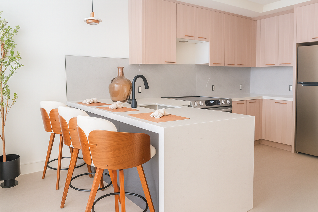 A modern kitchen with light wood cabinets, a gray backsplash, and a central island with three wooden bar stools.