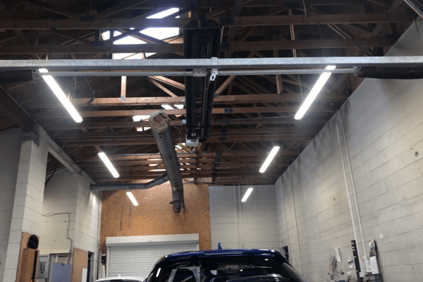 Fluorescent lights on an exposed ceiling