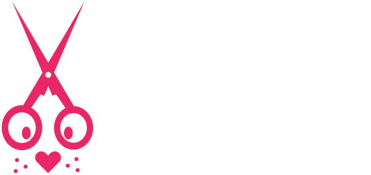 A hot pink logo of stylized scissors shaped like a cat's face with a heart-shaped nose.