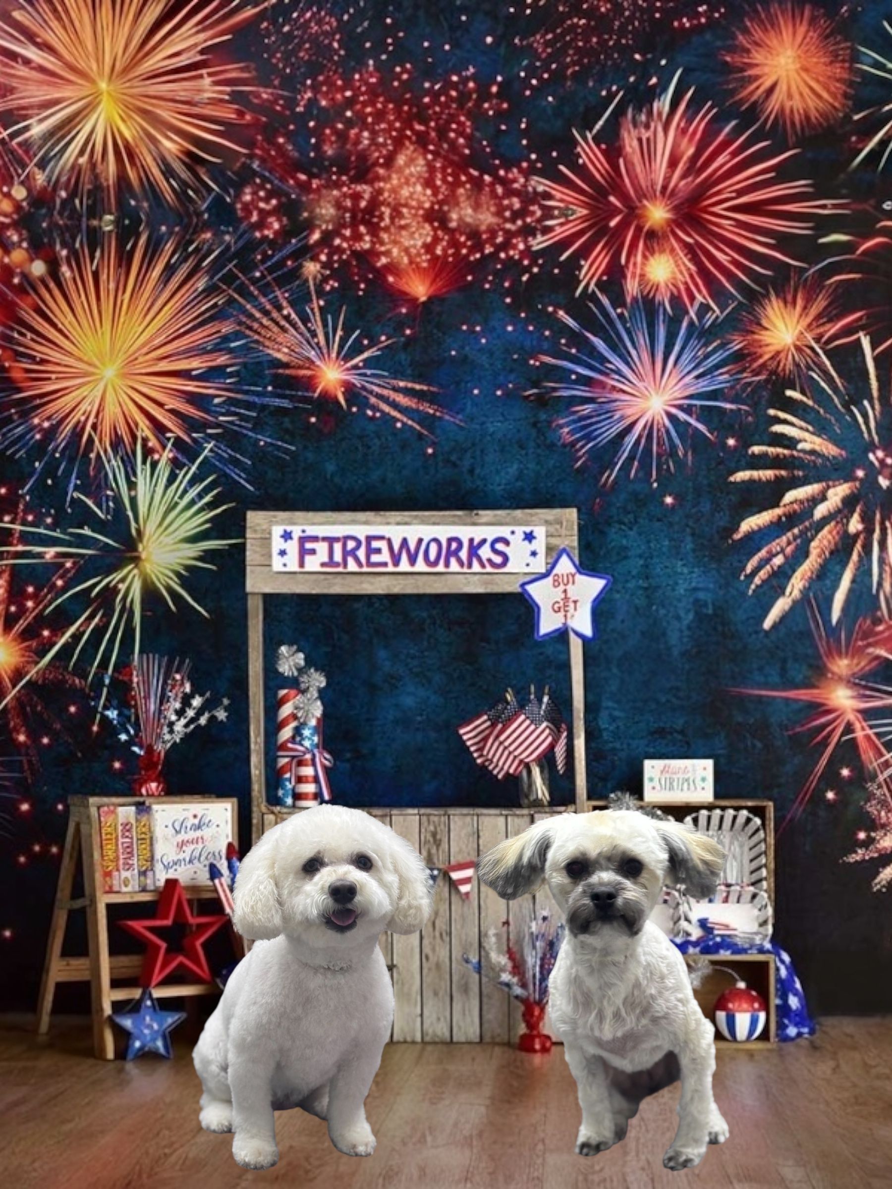 Two white fluffy dogs sit in front of a rustic wooden stand labeled 