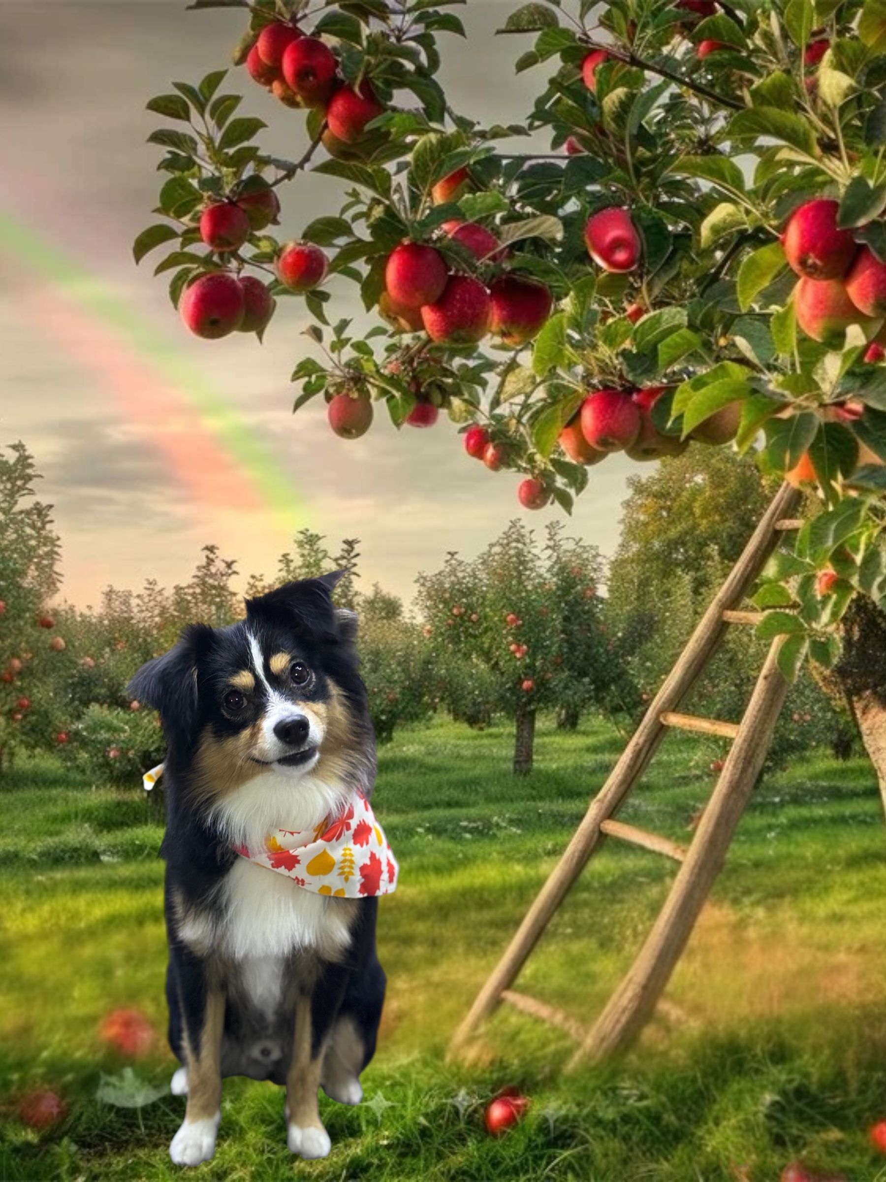 A tricolor dog wearing a patterned bandana sits in an apple orchard with a wooden ladder and a rainbow in the sky.