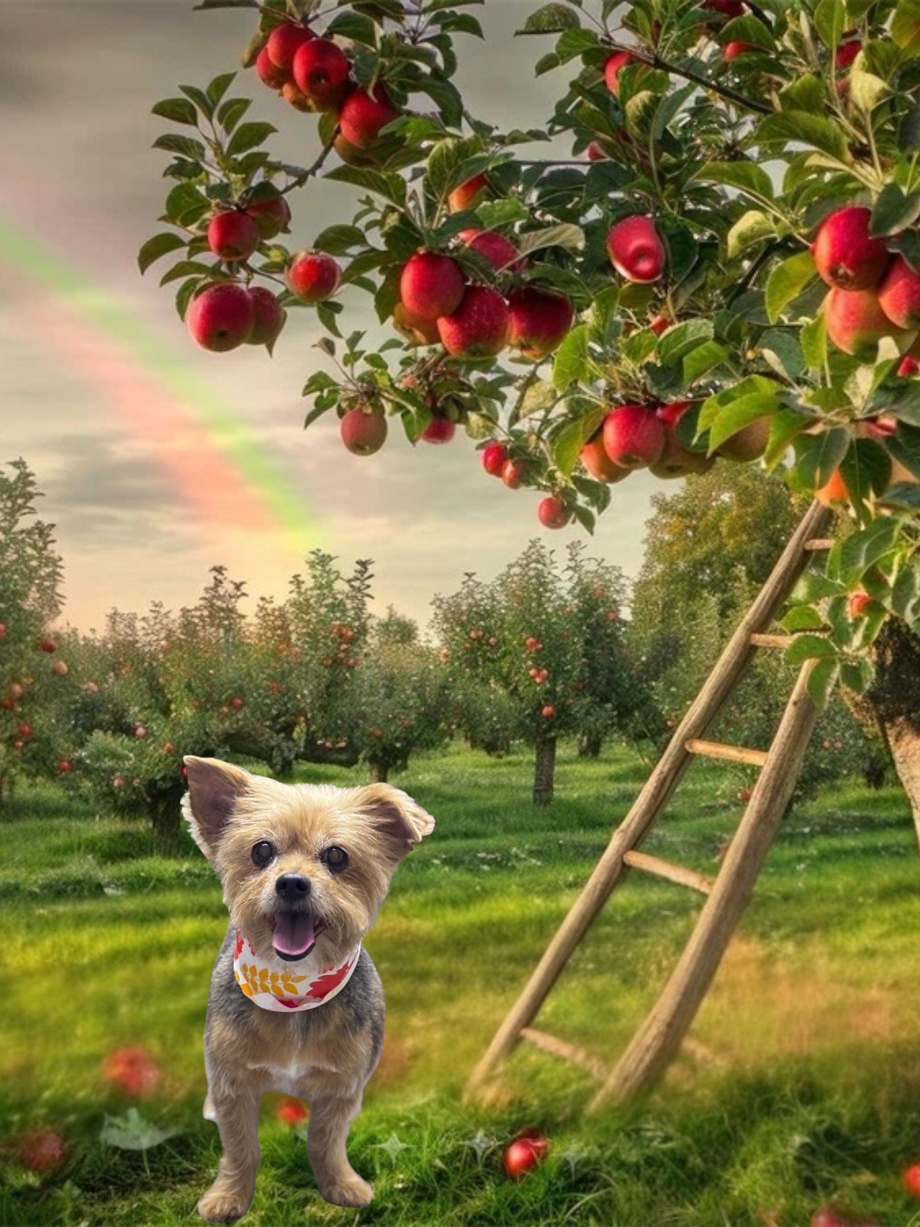 A small dog wearing a patterned bandana stands in an apple orchard with a wooden ladder and a rainbow in the sky.