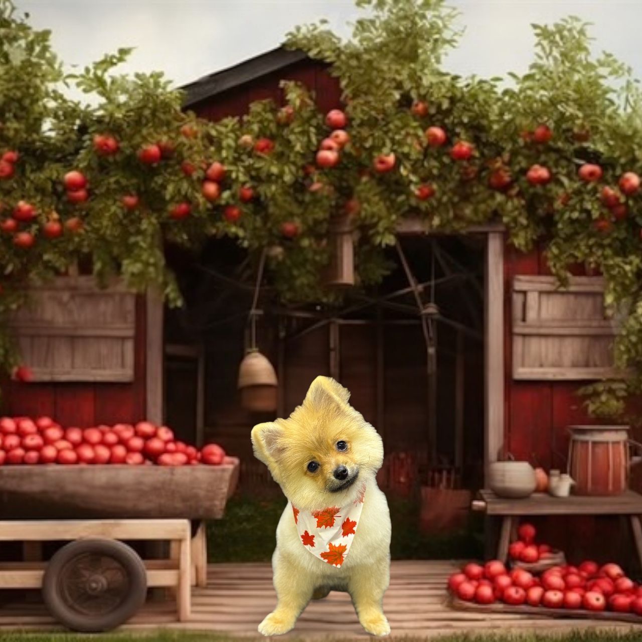 A small, fluffy dog wearing a star-print bandana stands in front of a rustic red barn filled with baskets of red apples.