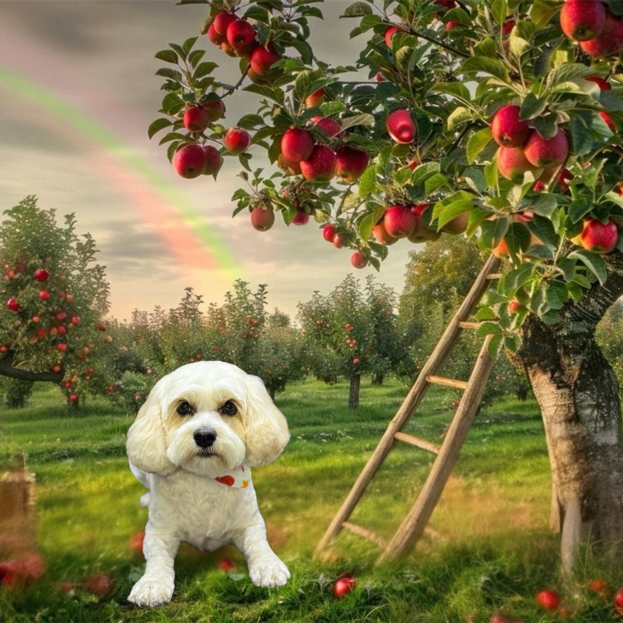 A fluffy white dog stands in an apple orchard near a wooden ladder, with a faint rainbow in the sky behind.