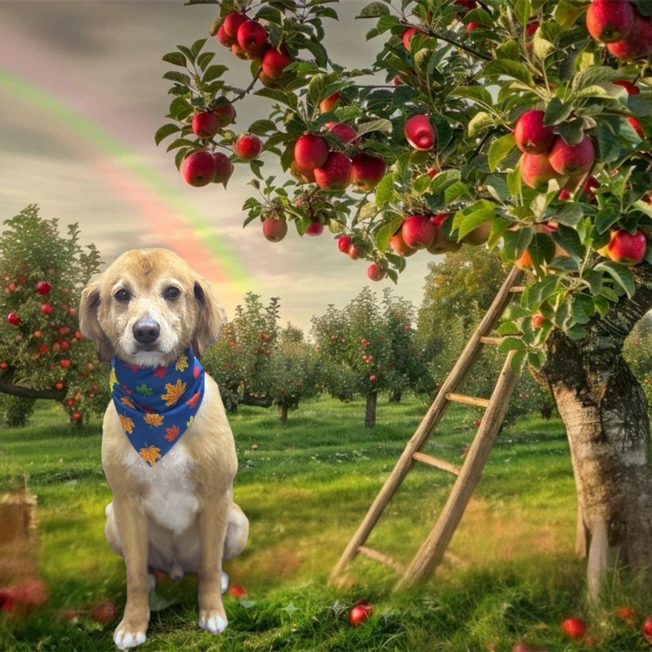 A dog wearing a fall-themed bandana sits in an apple orchard next to a ladder beneath a rainbow.