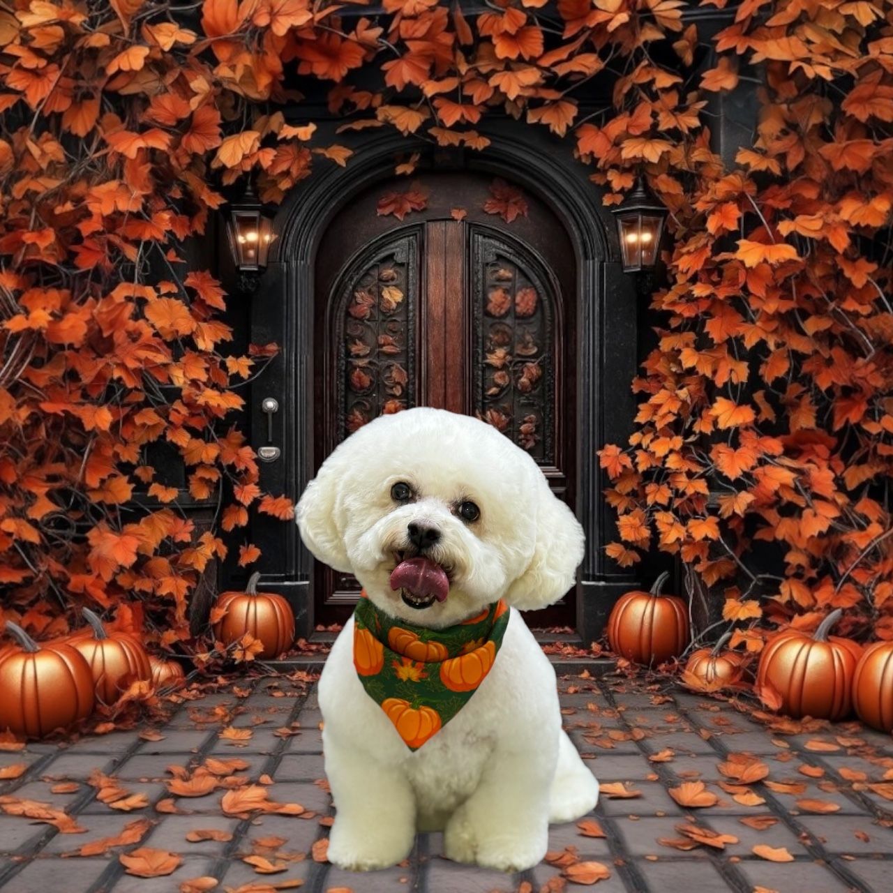 A white Bichon Frise wearing a pumpkin-patterned bandana sits before an arched door surrounded by autumn leaves.