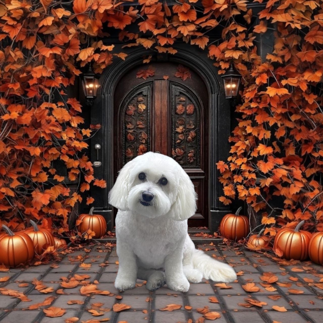 A white dog sits on a brick path before a dark wooden door framed by autumn leaves and scattered pumpkins.