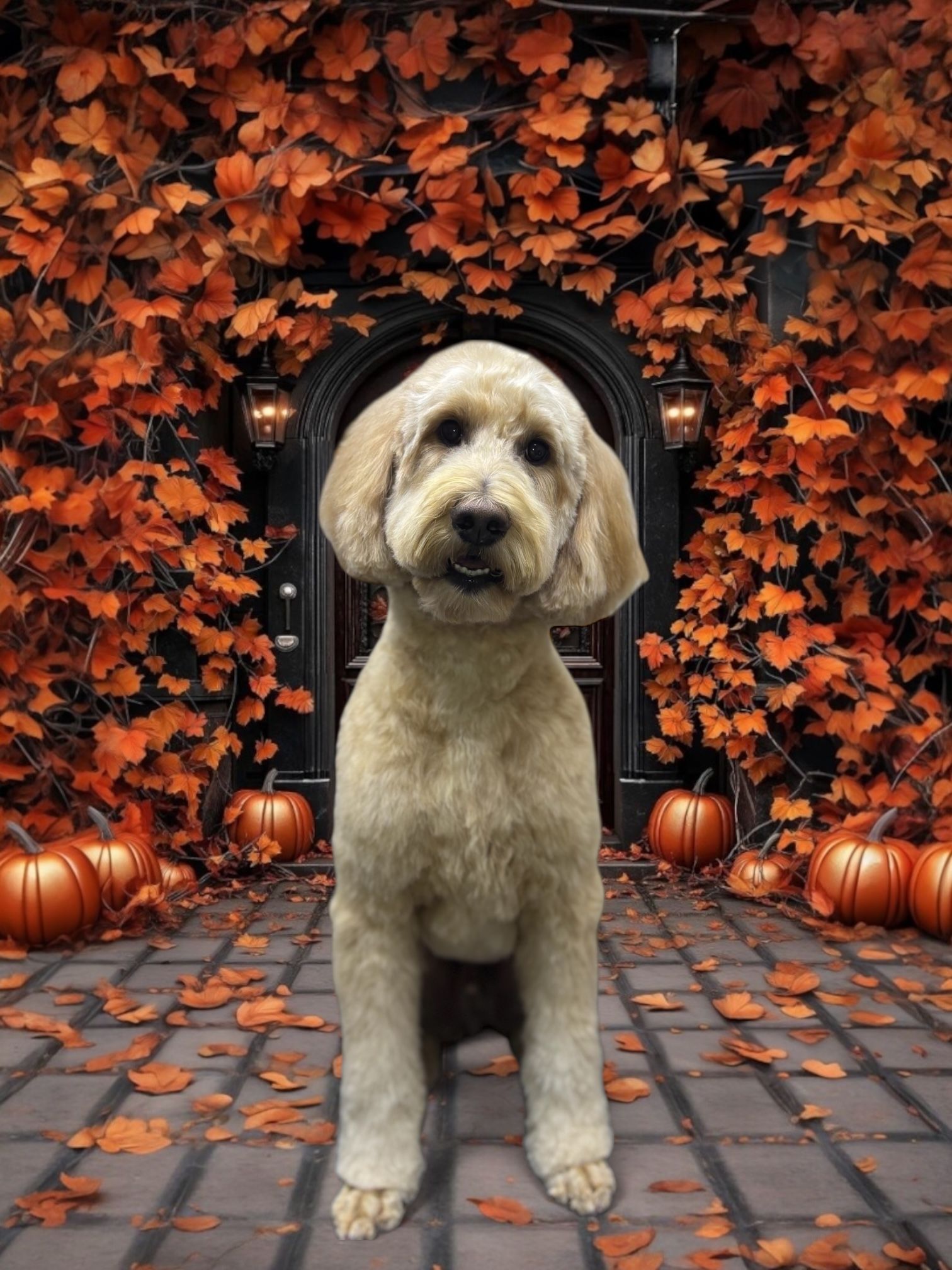 A cream-colored Goldendoodle sitting on a patio filled with fall leaves and pumpkins in front of a decorative doorway.