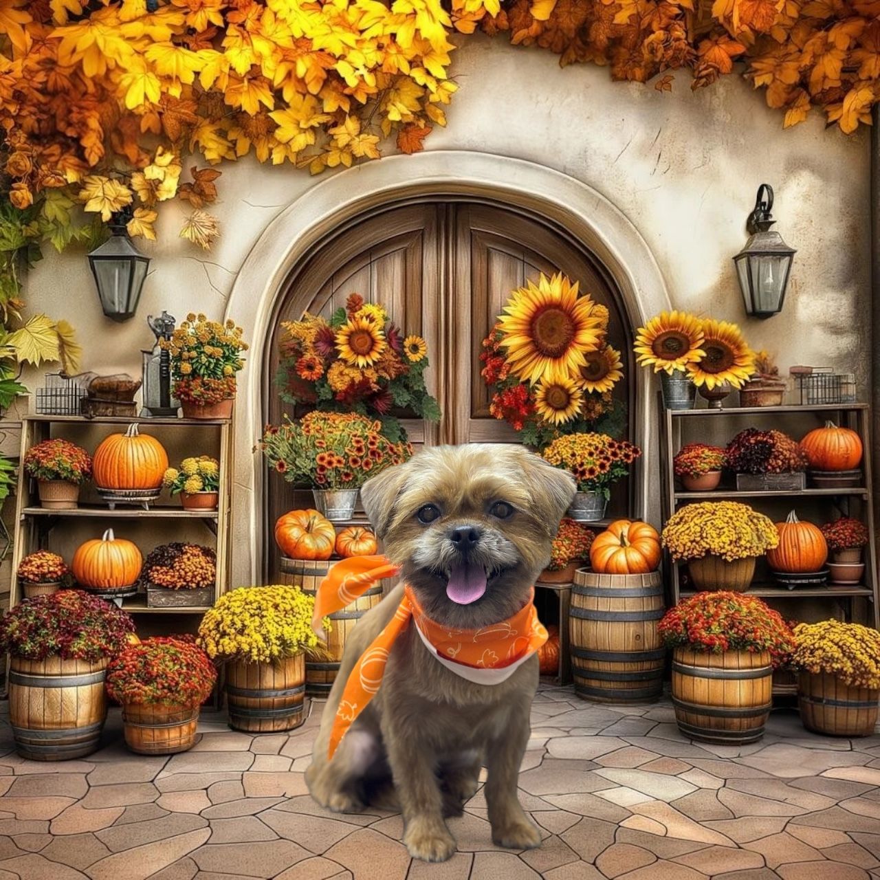A small, happy dog wearing an orange bandana sits on a stone patio in front of a door decorated with autumn flowers.
