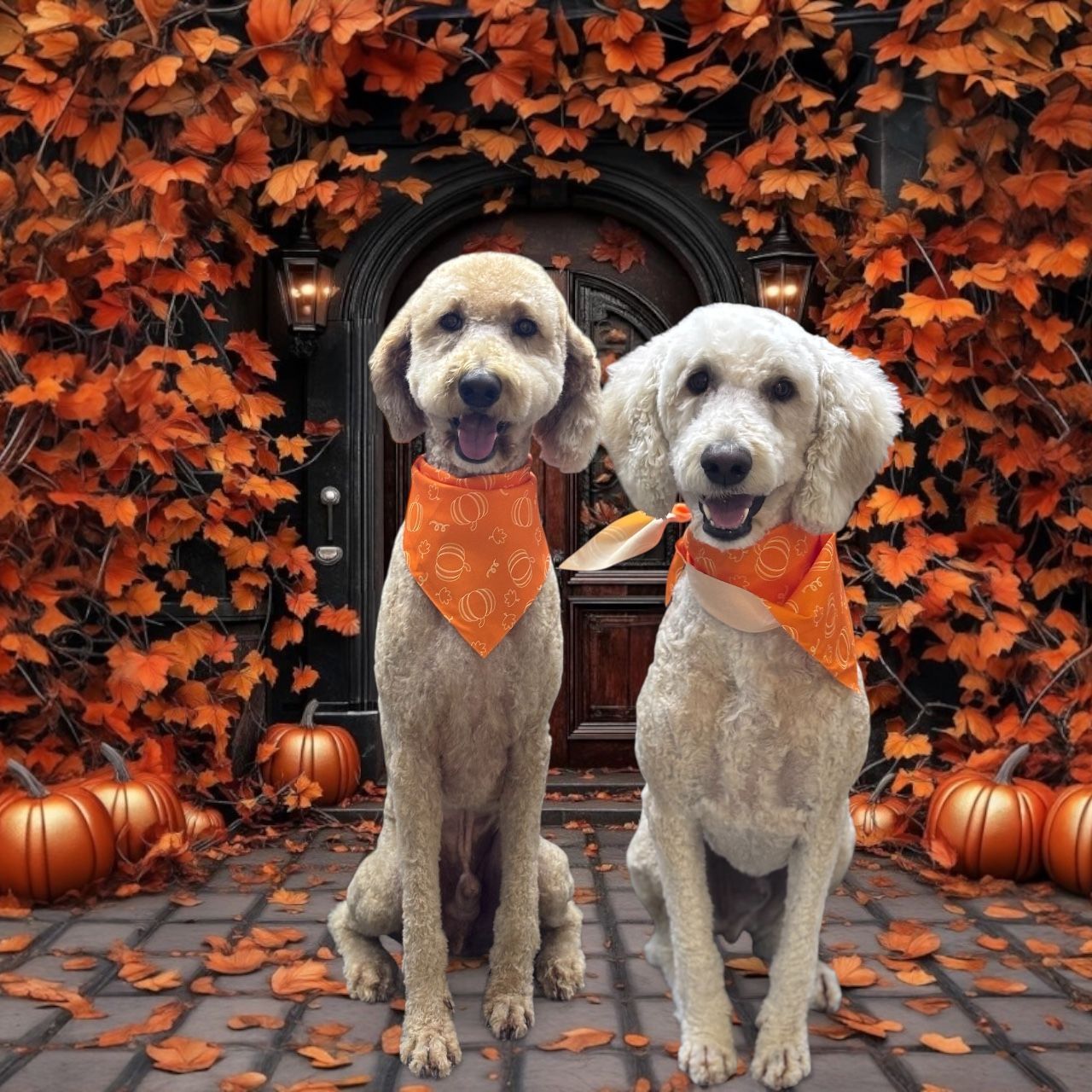 Two Goldendoodles wearing orange Halloween bandanas sit in front of a door framed by autumn leaves and pumpkins.