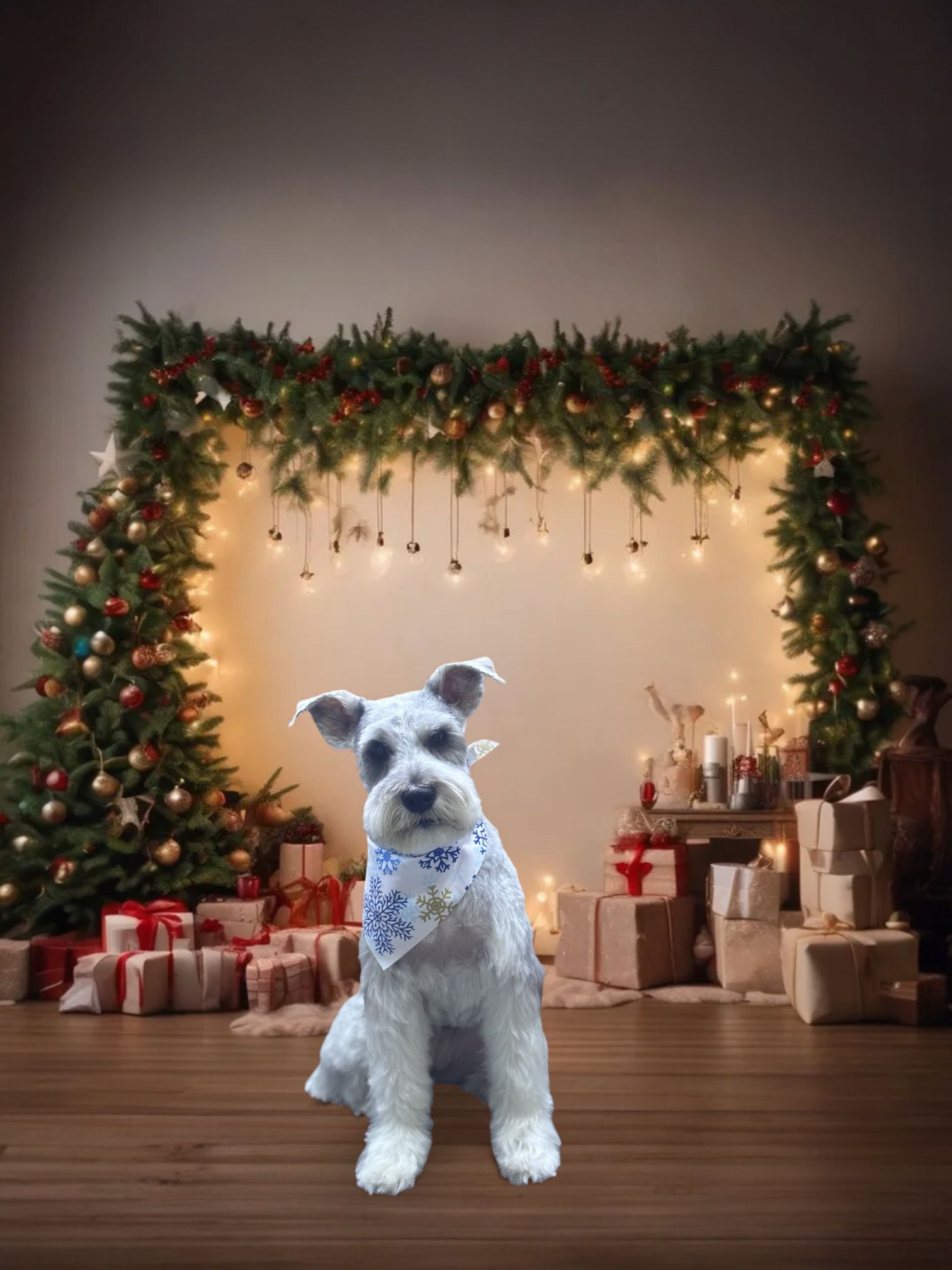 A white Miniature Schnauzer wearing a patterned bandana sits on a wood floor before a festive holiday backdrop.