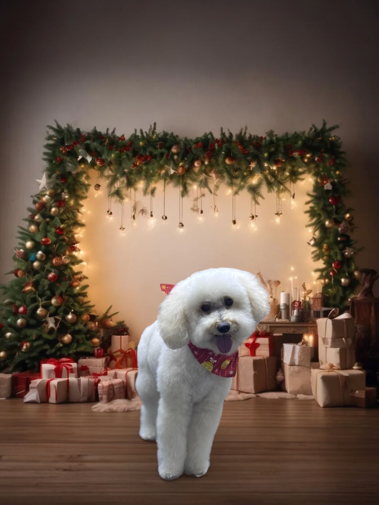 A small, fluffy white dog wearing a red patterned bandana stands before a Christmas-themed backdrop with gifts and lights.