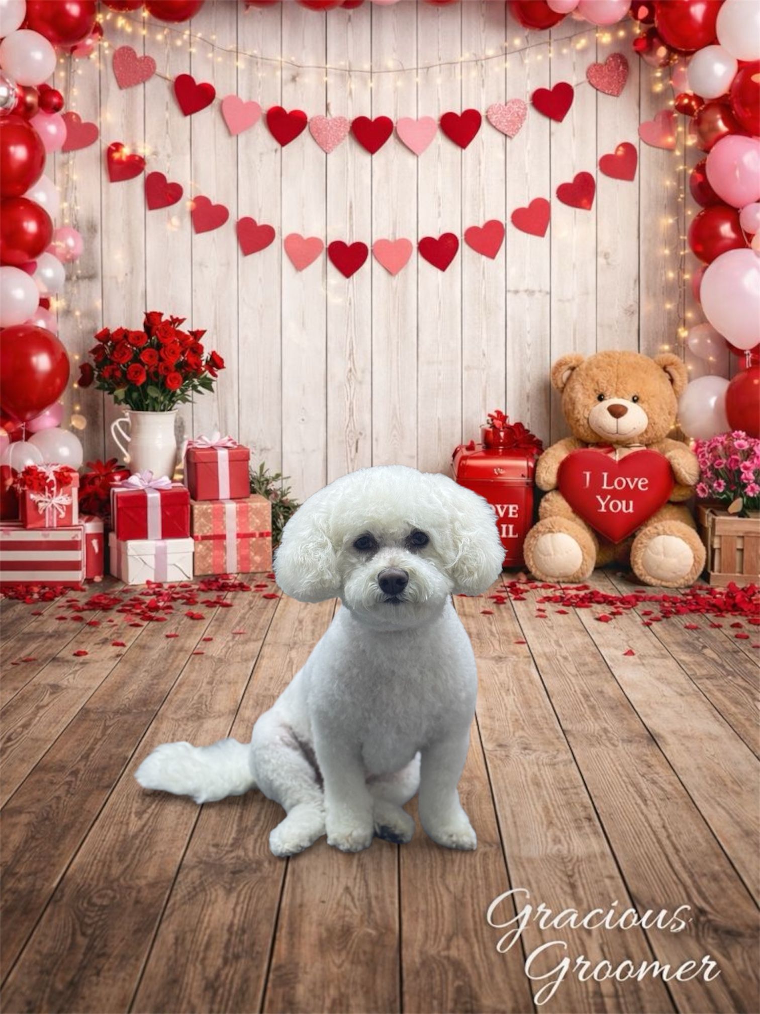 A white Bichon Frise dog sits on a wooden floor in a Valentine's Day themed studio with hearts, gifts, and a teddy bear.