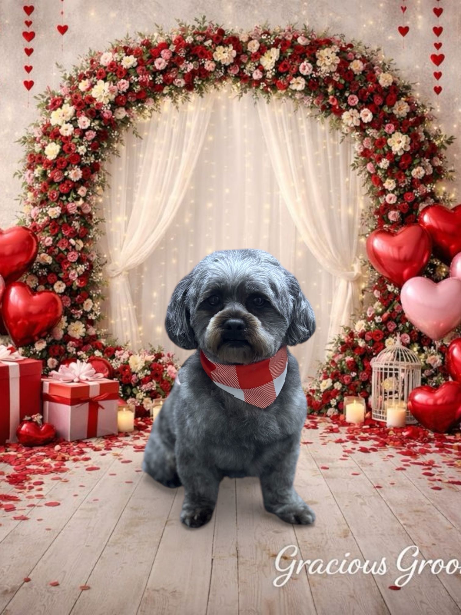 A gray dog wearing a red plaid bandana sits in front of a floral arch, gift boxes, and red hearts on a wooden floor.