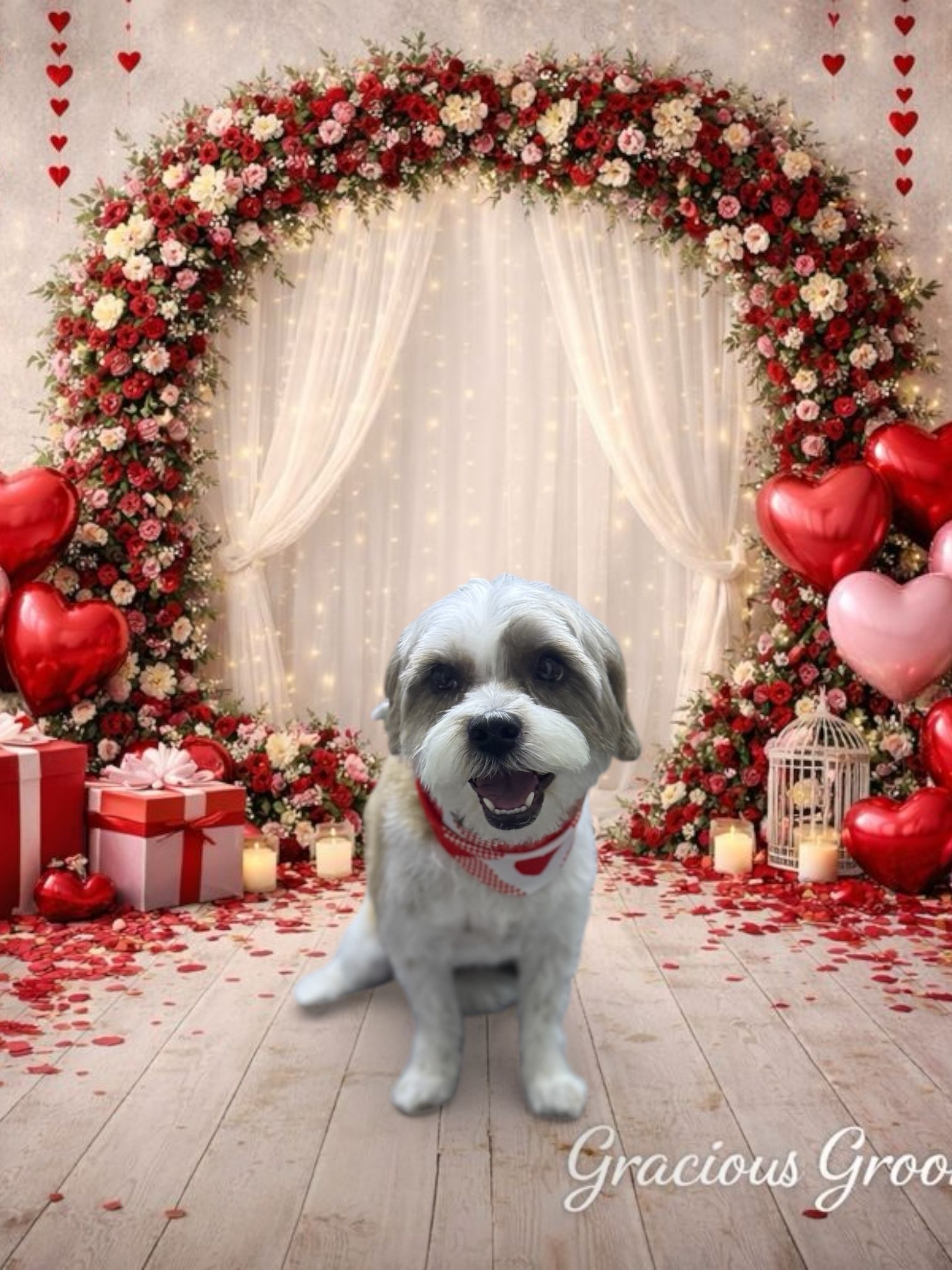 A white and gray dog sits in front of a Valentine-themed arch of red roses, hearts, and gift boxes.