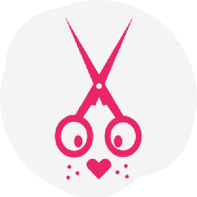 A pink graphic of scissors stylized to look like a face, with two eye-like finger holes, a heart nose, and whisker dots.