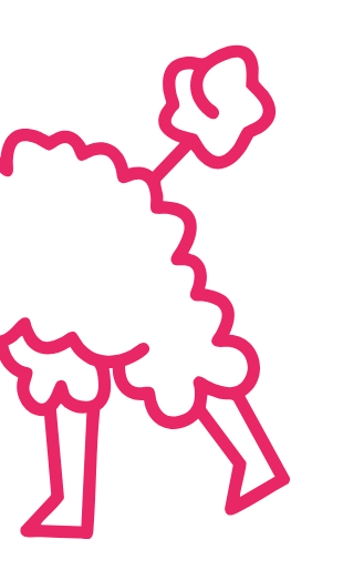 A pink line-art illustration of a fluffy sheep walking, viewed from behind.