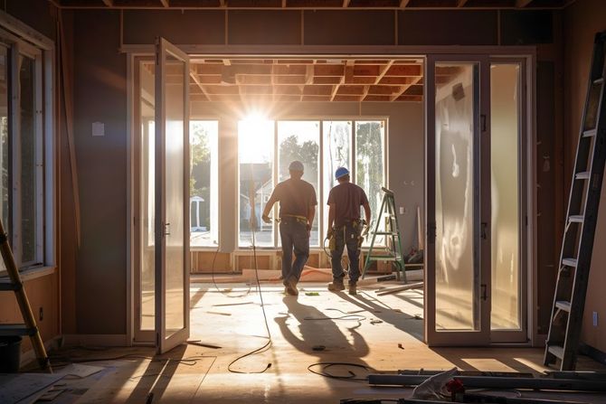 Two construction workers walking through a room with large windows, sunlight streaming in.