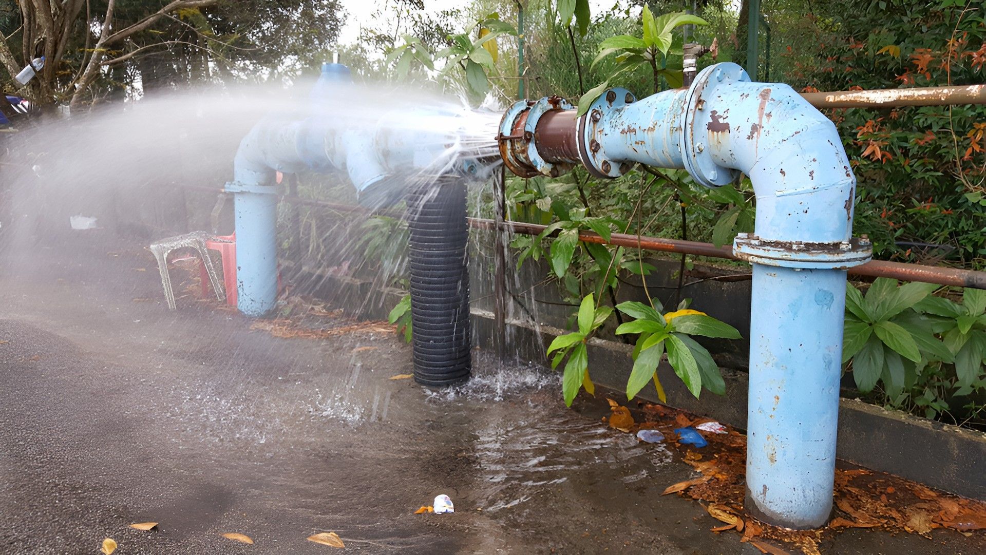 A Water Pipe is Bursting and Spraying Water on the Ground — Around Town Plumbing Services in Tuggeranong, ACT