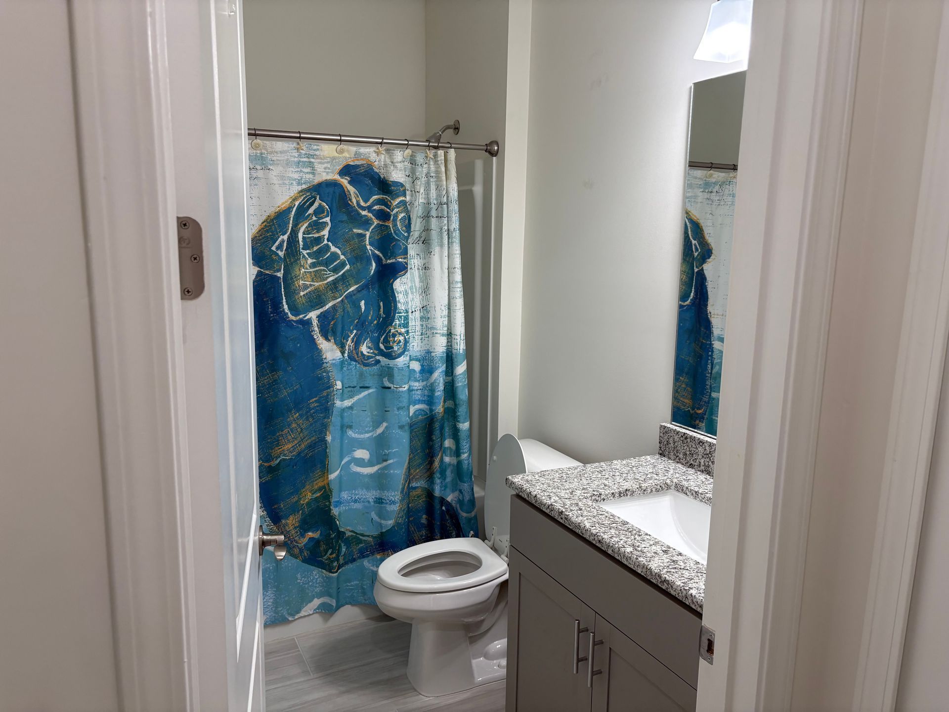 Bathroom with blue patterned shower curtain, toilet, vanity, and mirror.