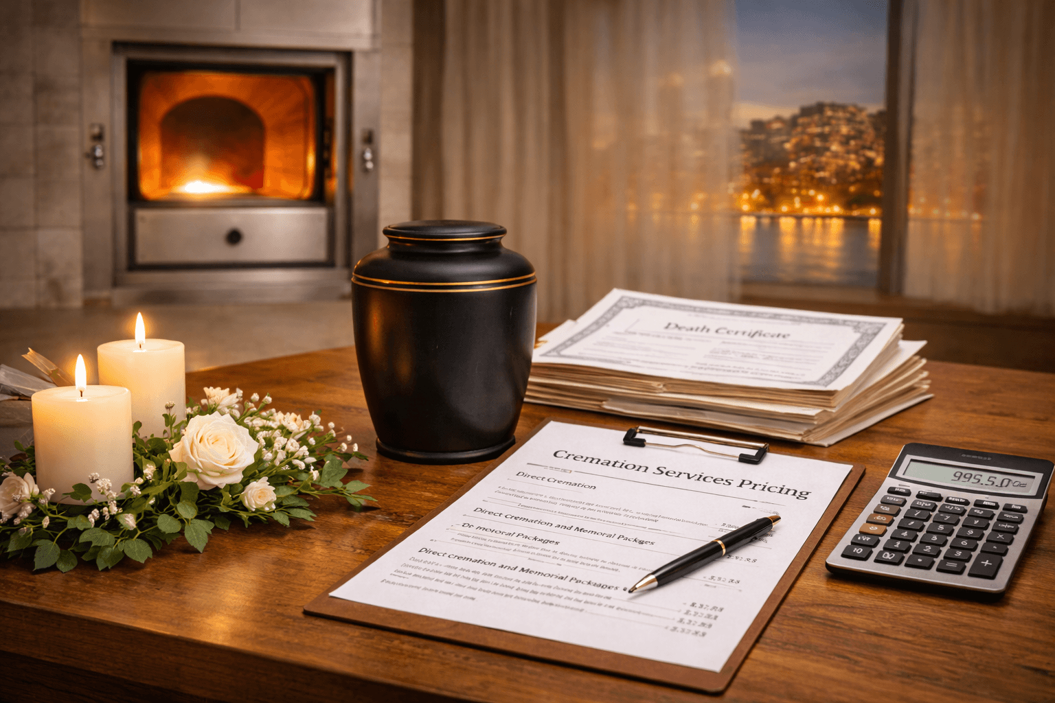 Cremation urn on top of table with cremation service pricing written on paper.