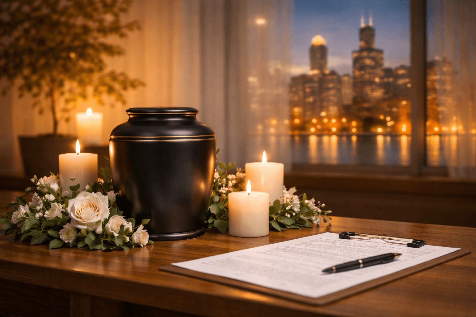 Cremation urn with candles around it with a window background featuring Chicago, IL skyline.
