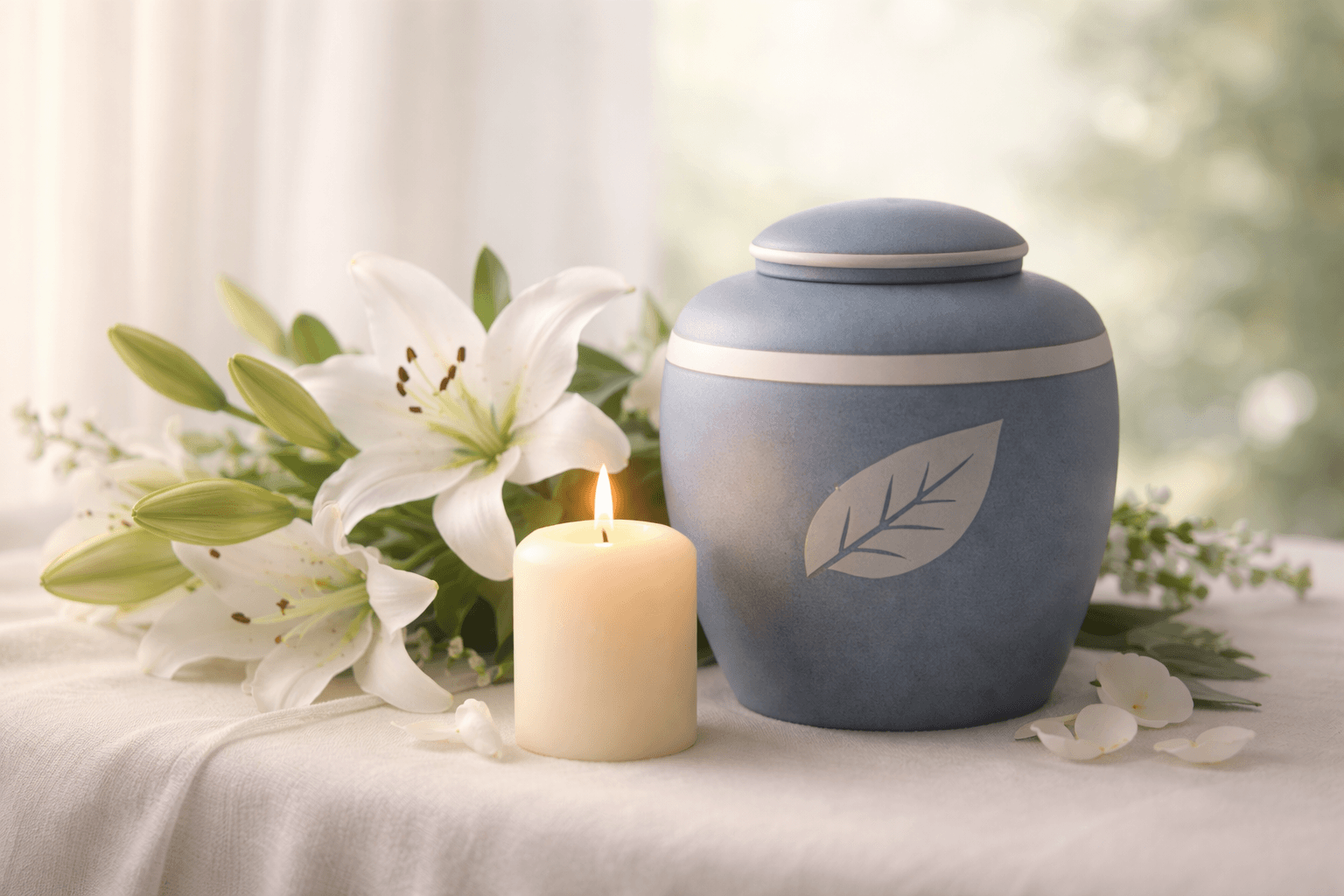 Serene urn with lilies and candle in Glenview, IL
