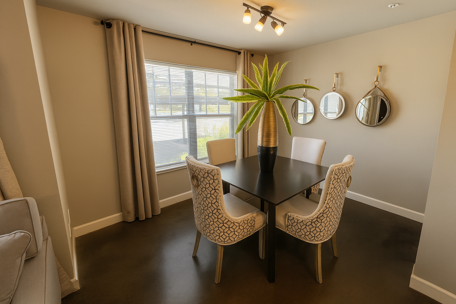 Dining room with dark wood table, patterned chairs, mirrors, and large plant. Beige walls, window with curtains.