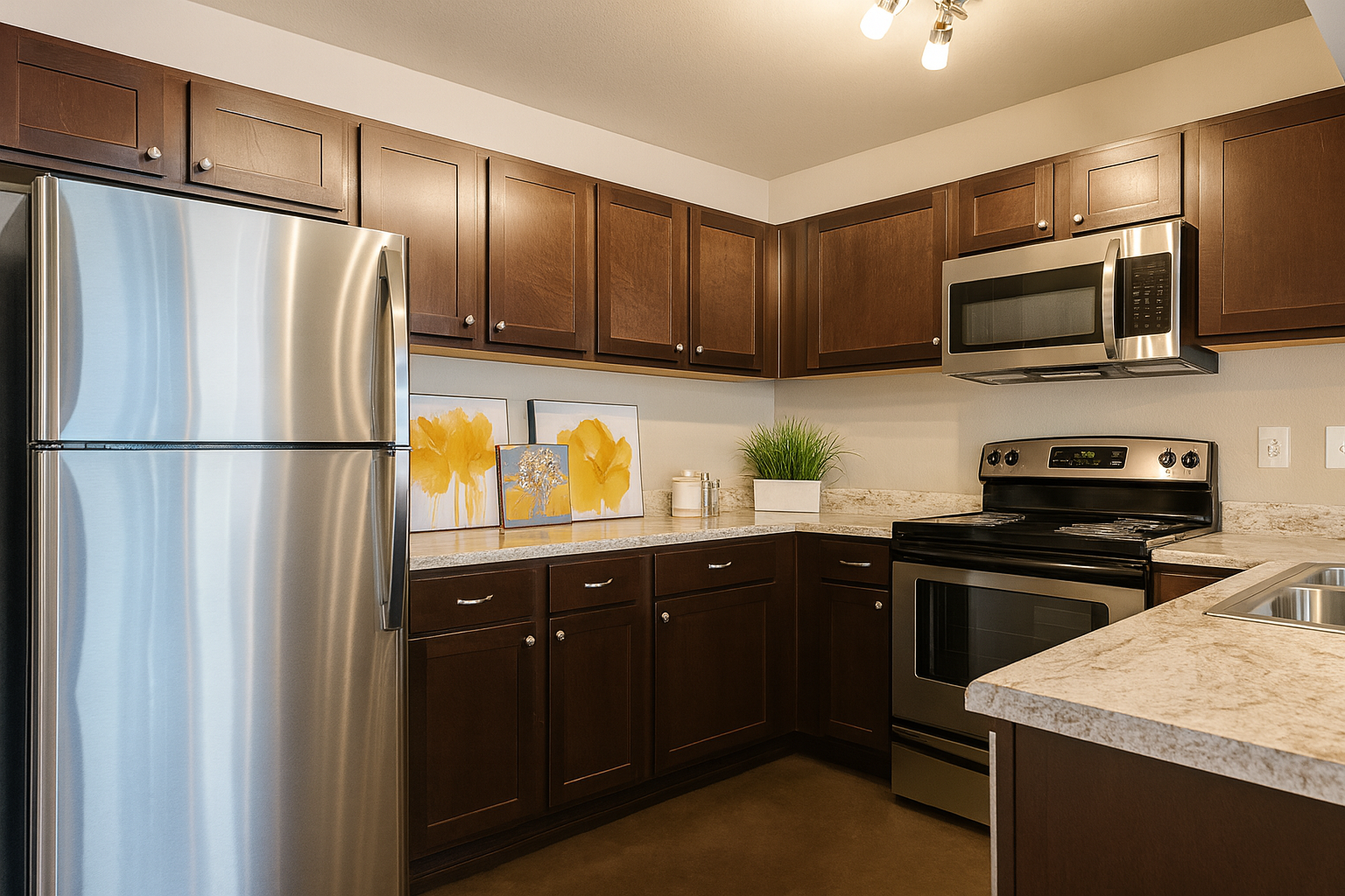 Kitchen with dark cabinets, stainless steel appliances, and granite countertops.