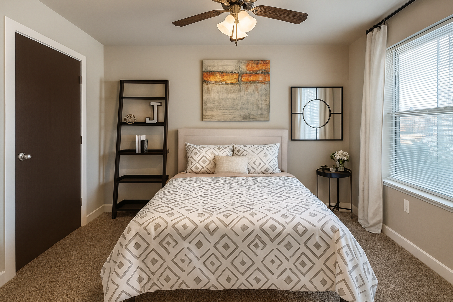 Bedroom with bed, shelves, artwork, dark door, window with blinds, and ceiling fan.
