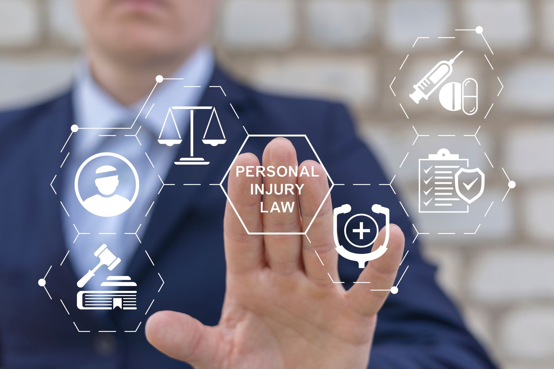 A personal injury lawyer in a blue suit presses the words Personal Injury Law on a screen.