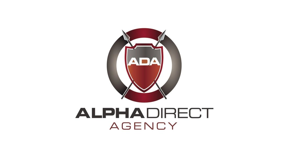 A logo for alpha direct agency with a shield and swords