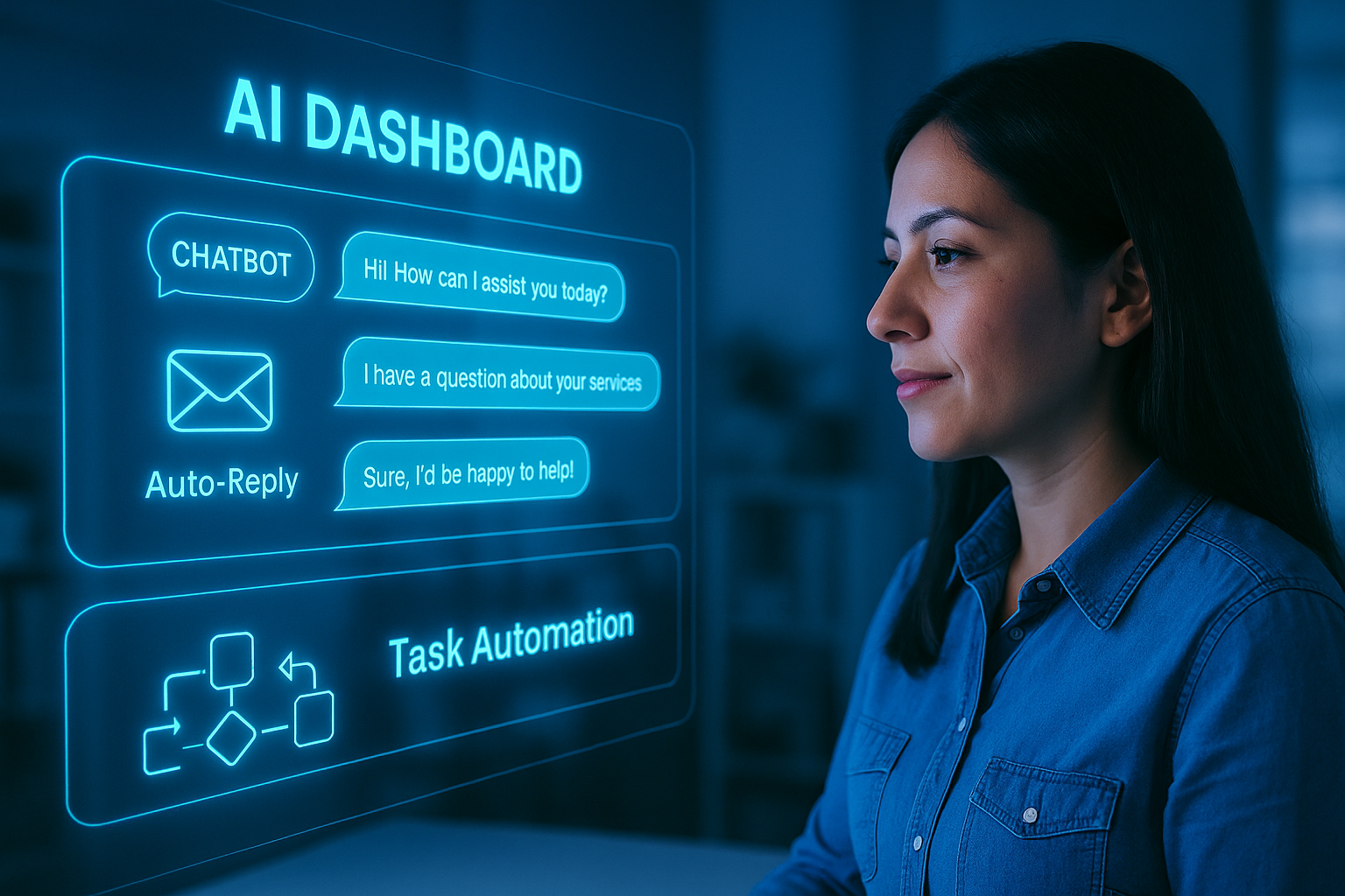 AI dashboard showing lead handling for a small business in a neon-blue workspace