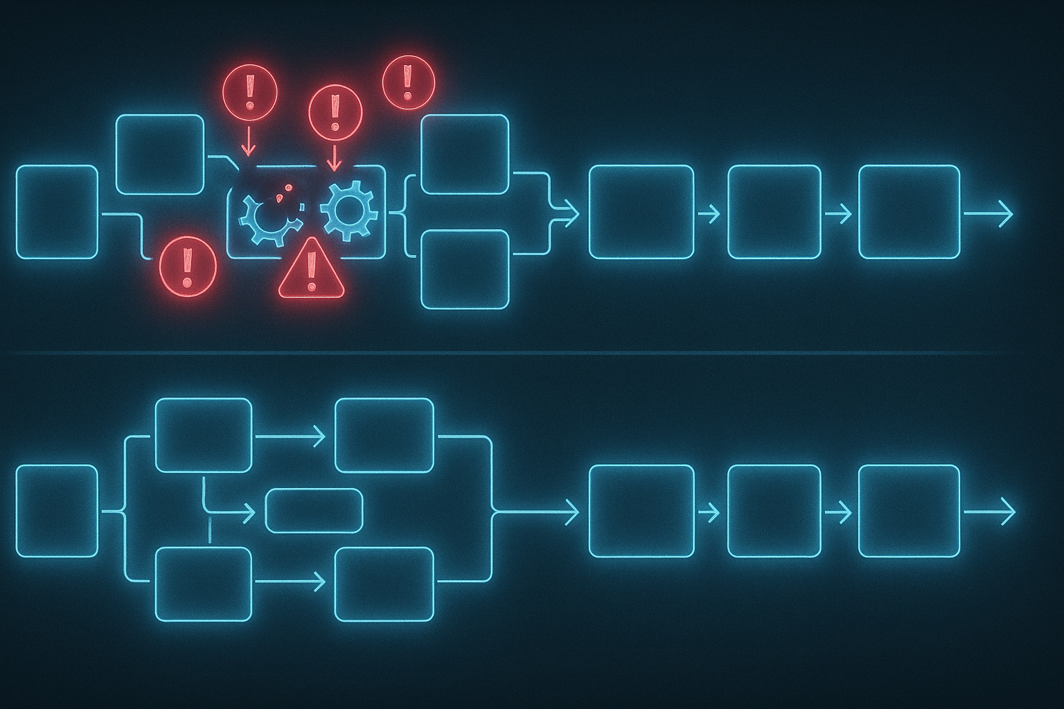 A glowing diagram of a process with arrows pointing in different directions.