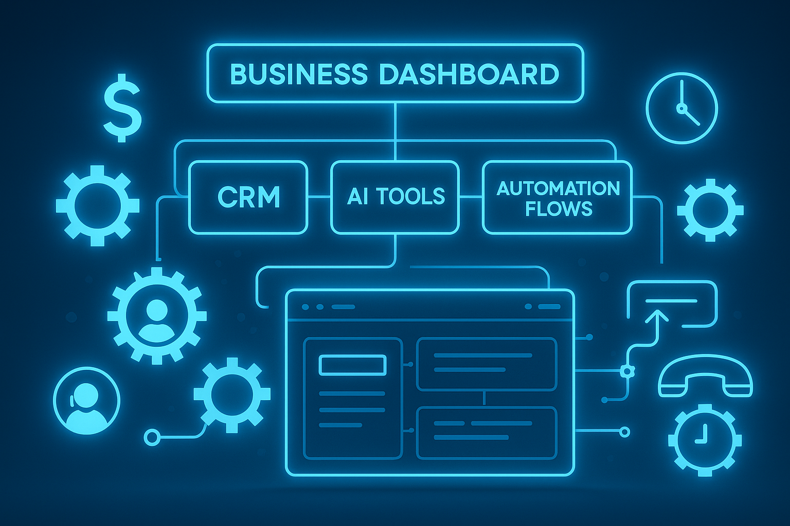 Blue dashboard showing linked automations, CRM, AI tools, and revenue tracking icons