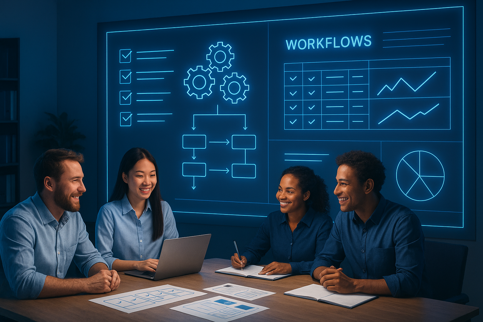 Blue-lit business team using systems to deliver consistent high-quality service