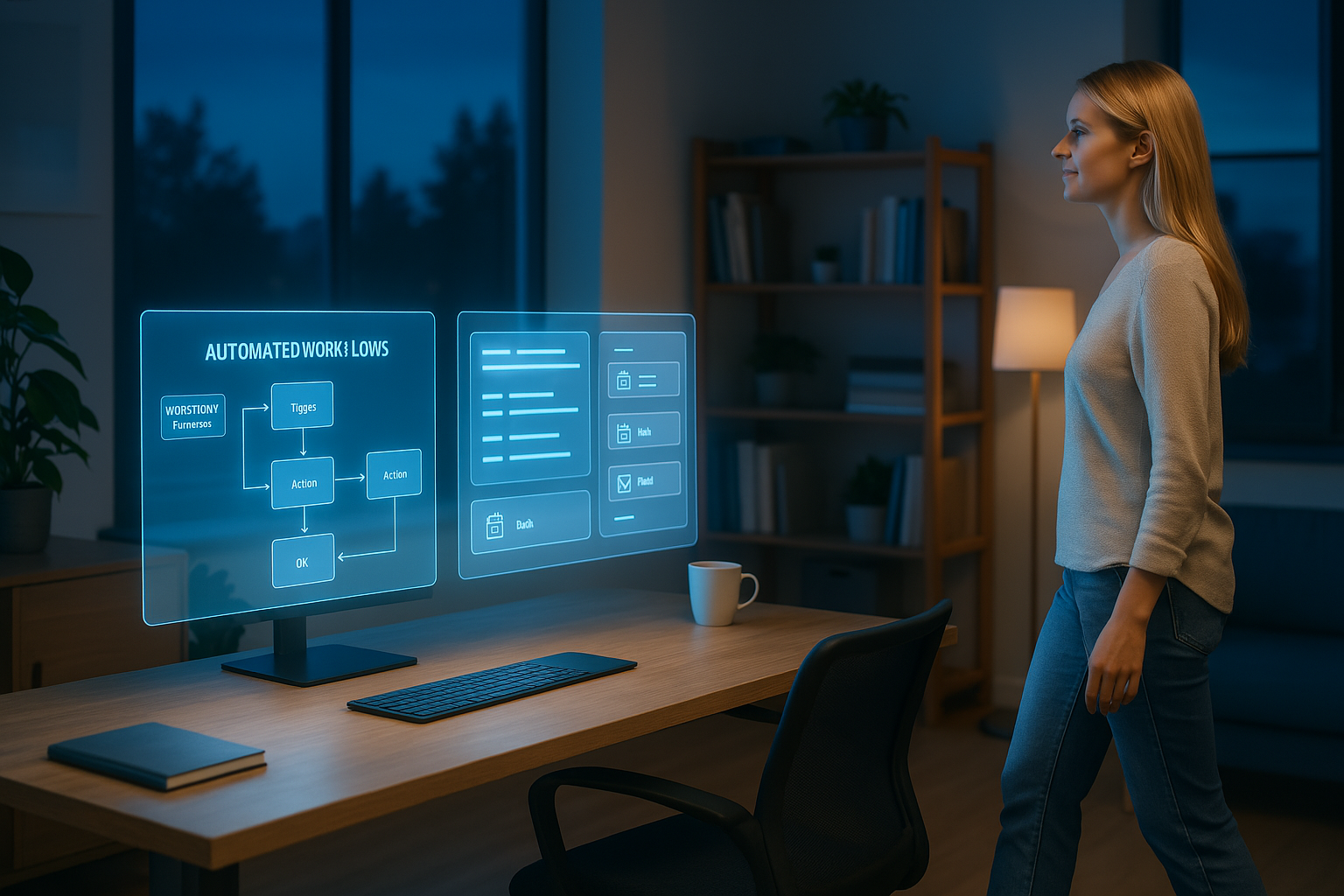 A woman is standing in front of a computer desk with two monitors.