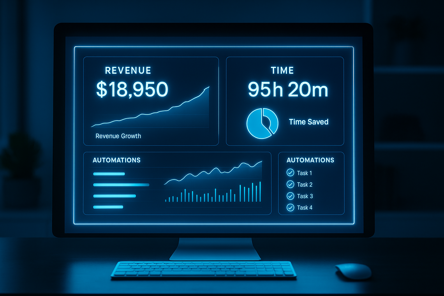 Business dashboard showing ROI and automations in neon-blue analytics display