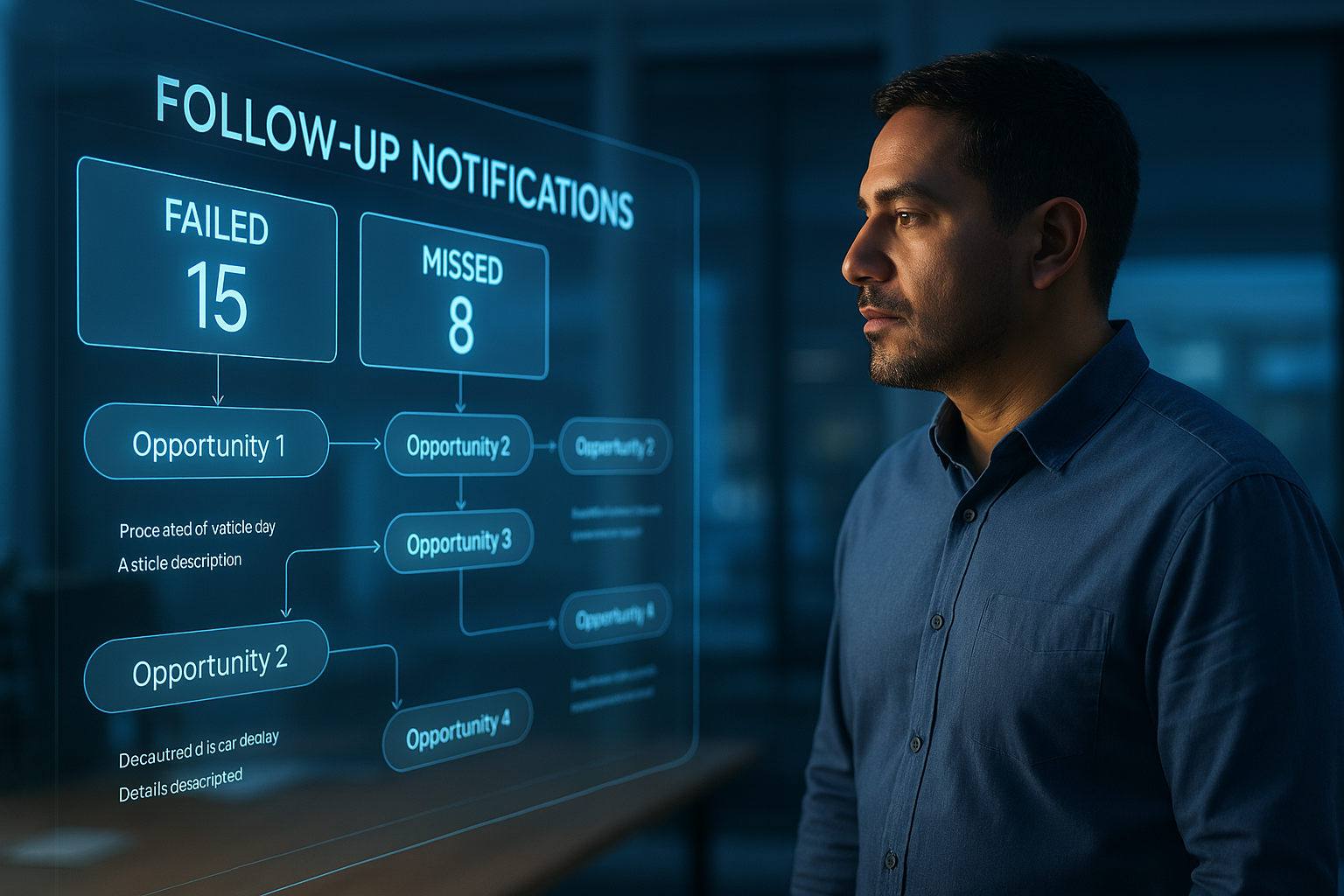 A man is standing in front of a screen that says follow up notifications.