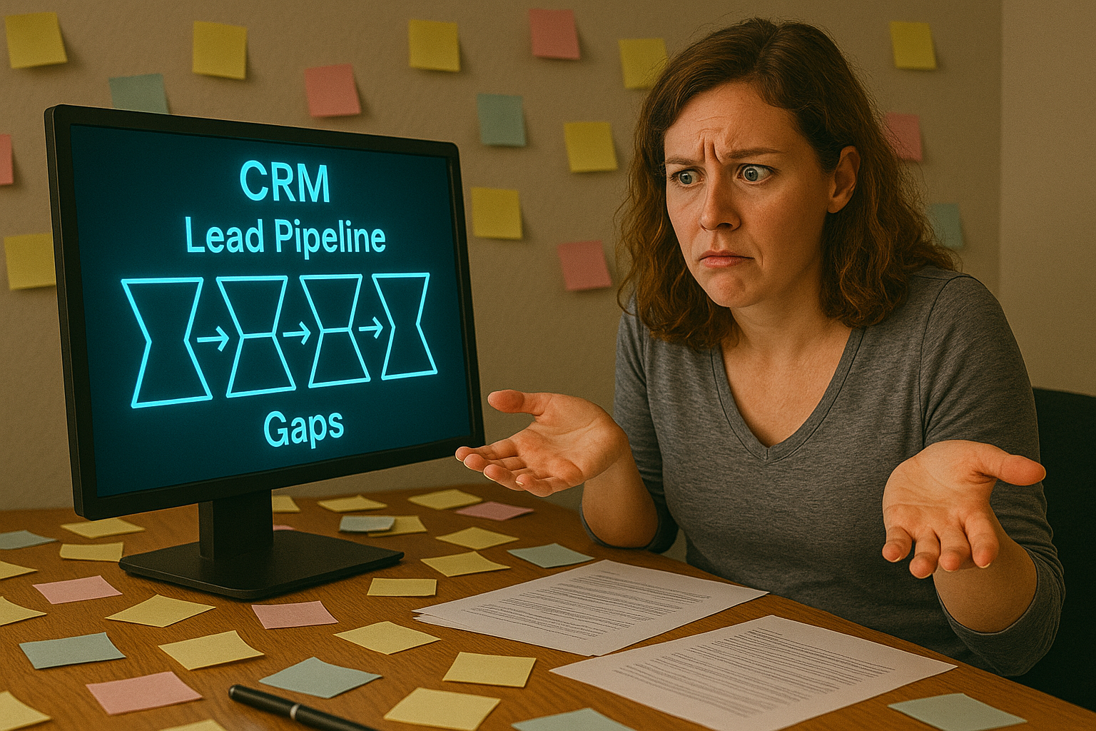 Business owner confused at messy CRM and sticky notes with broken lead follow-up