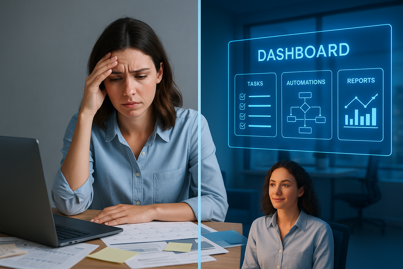 Business owner finds clarity with blue-lit digital dashboards and streamlined systems.