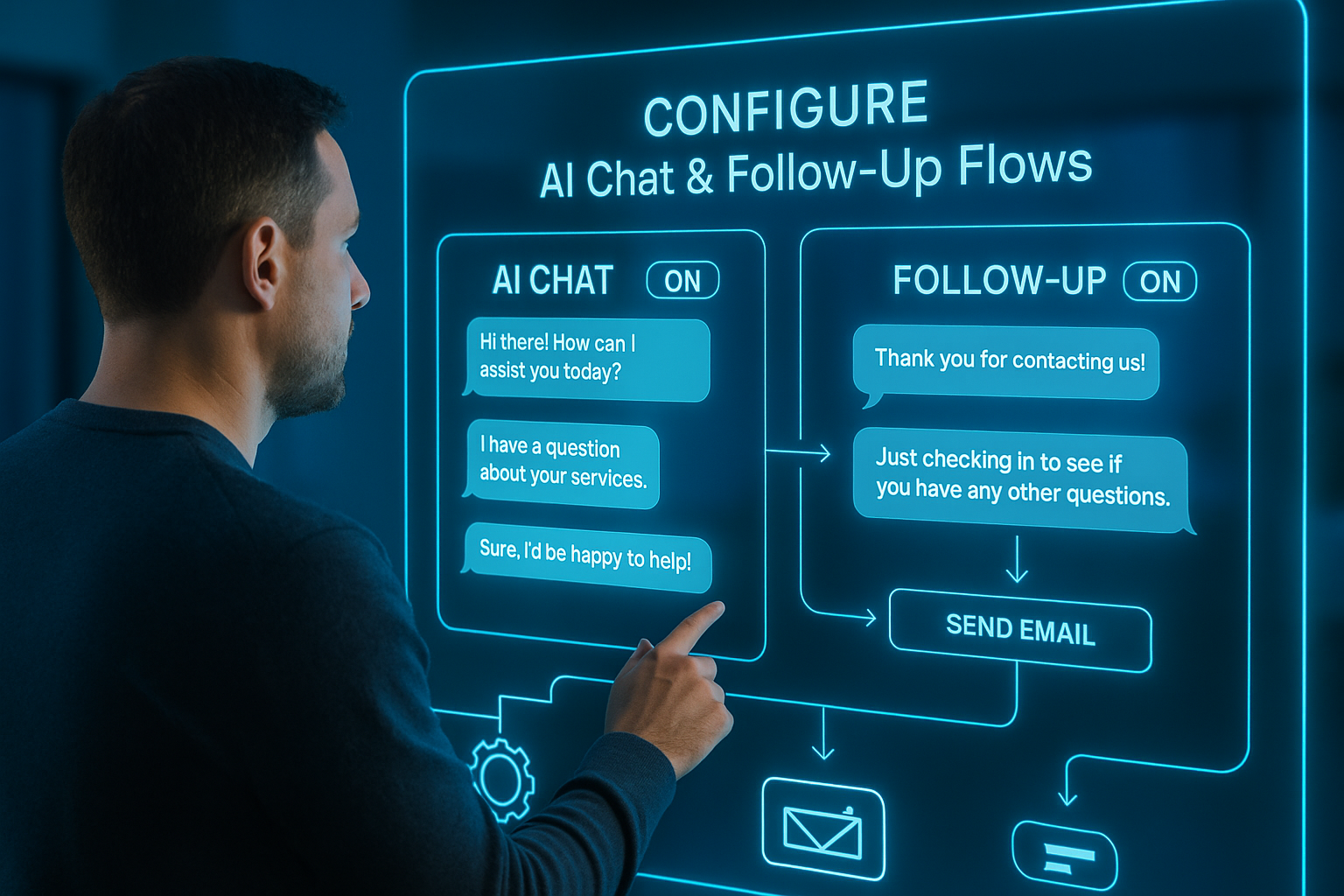 Business owner reviewing AI chat flows with natural messaging on a neon blue dashboard