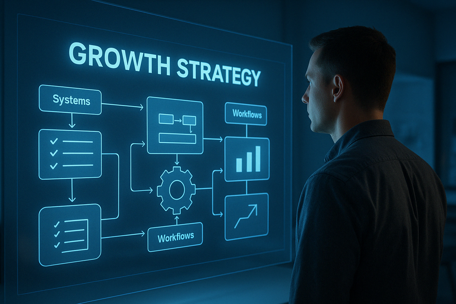 A man is looking at a growth strategy diagram on a screen.