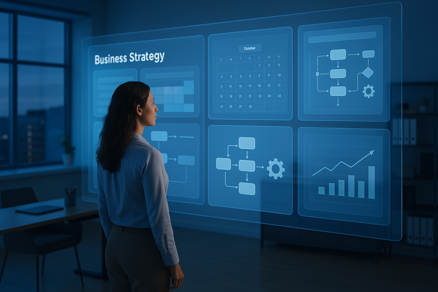 A woman is standing in front of a large screen with a business strategy on it.