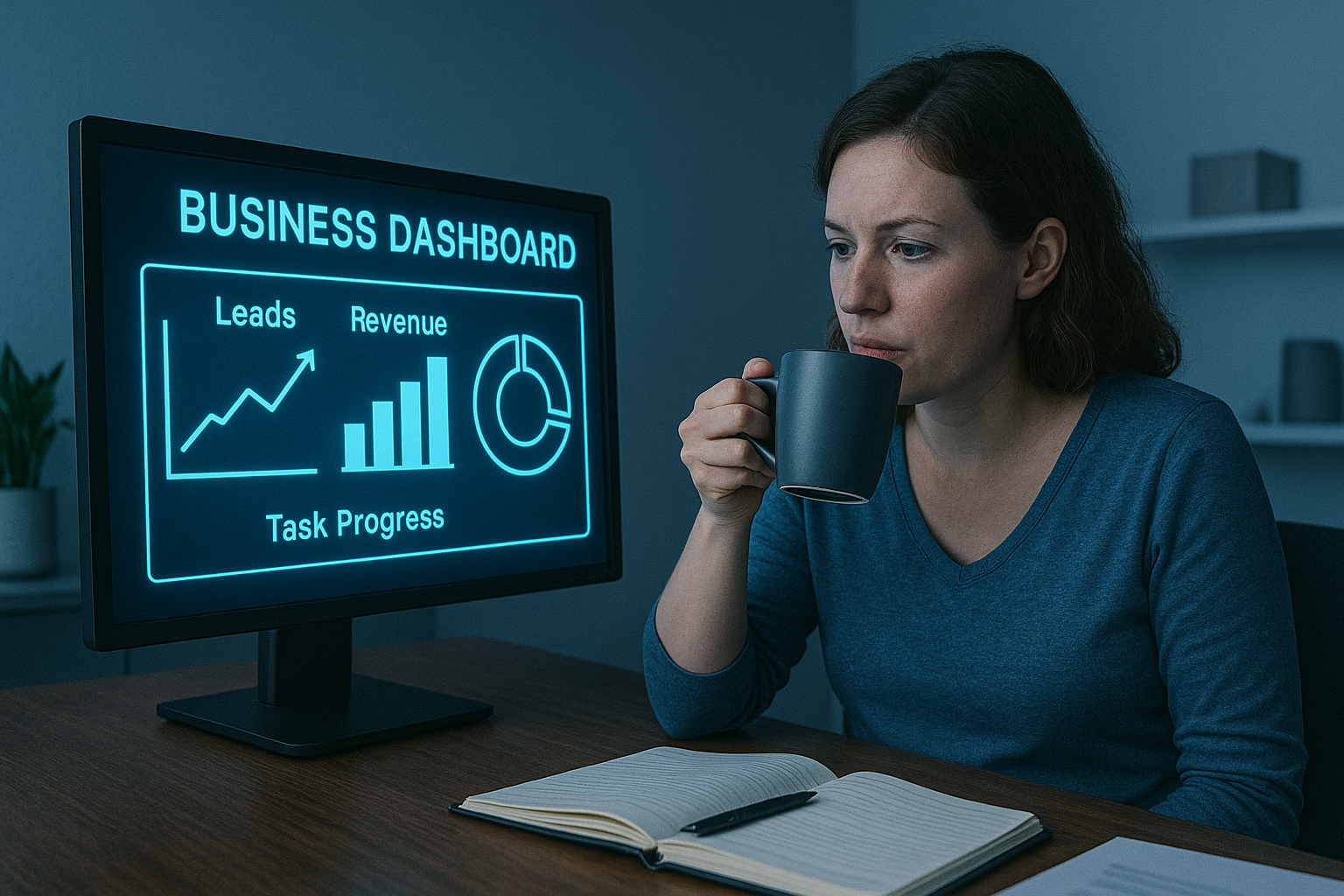 Business owner reviews glowing weekly dashboard with lead, revenue, and task charts