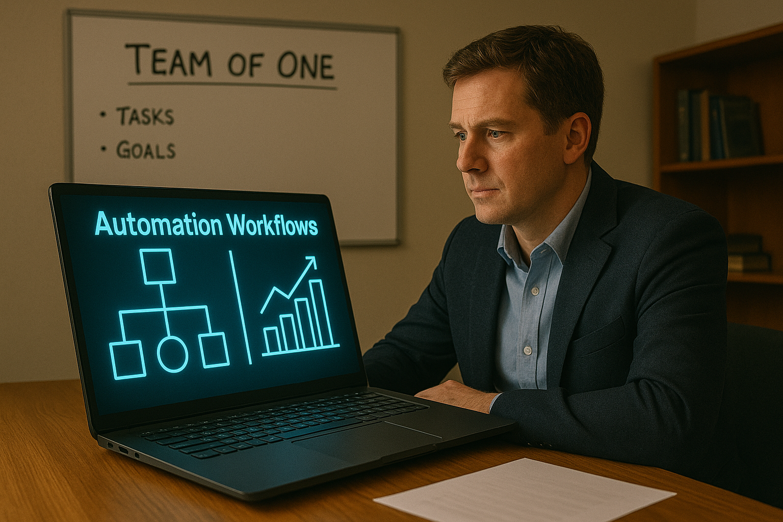 Business owner scaling with automation dashboard labeled 